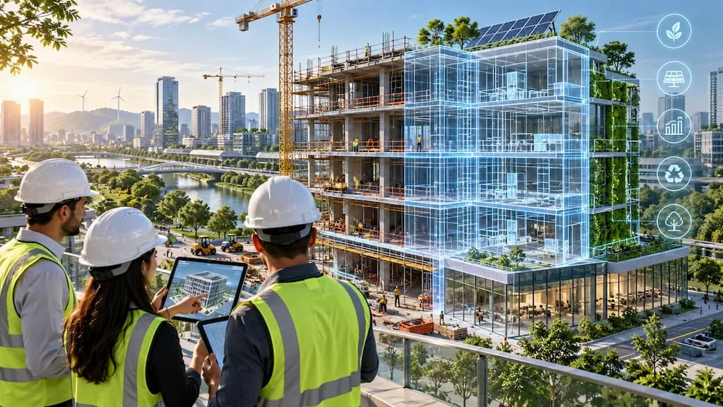 Building Information Modeling 3 personas viendo las simulación de un nuevo edificio en construcción