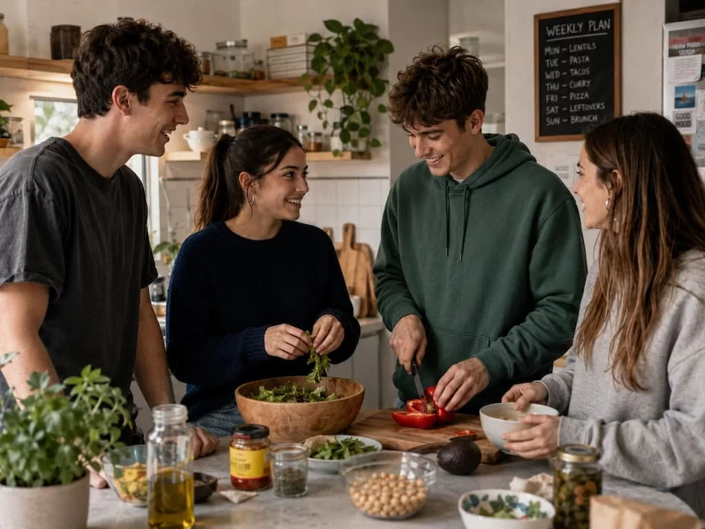 cuatro estudiantes cocinando en la cocina del piso compartido