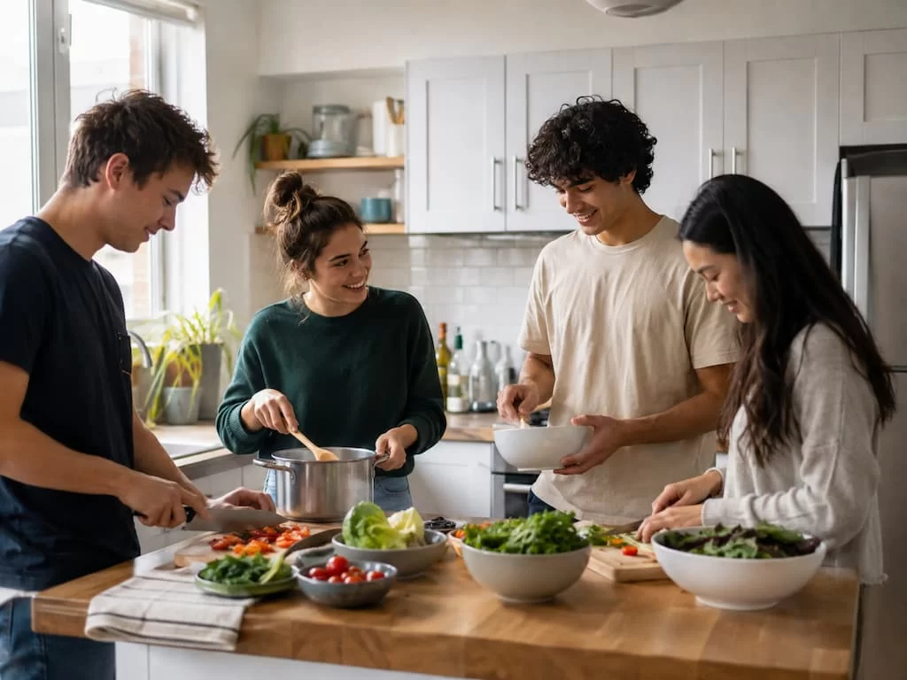 cocina en piso compartido con estudiantes preparando la comida