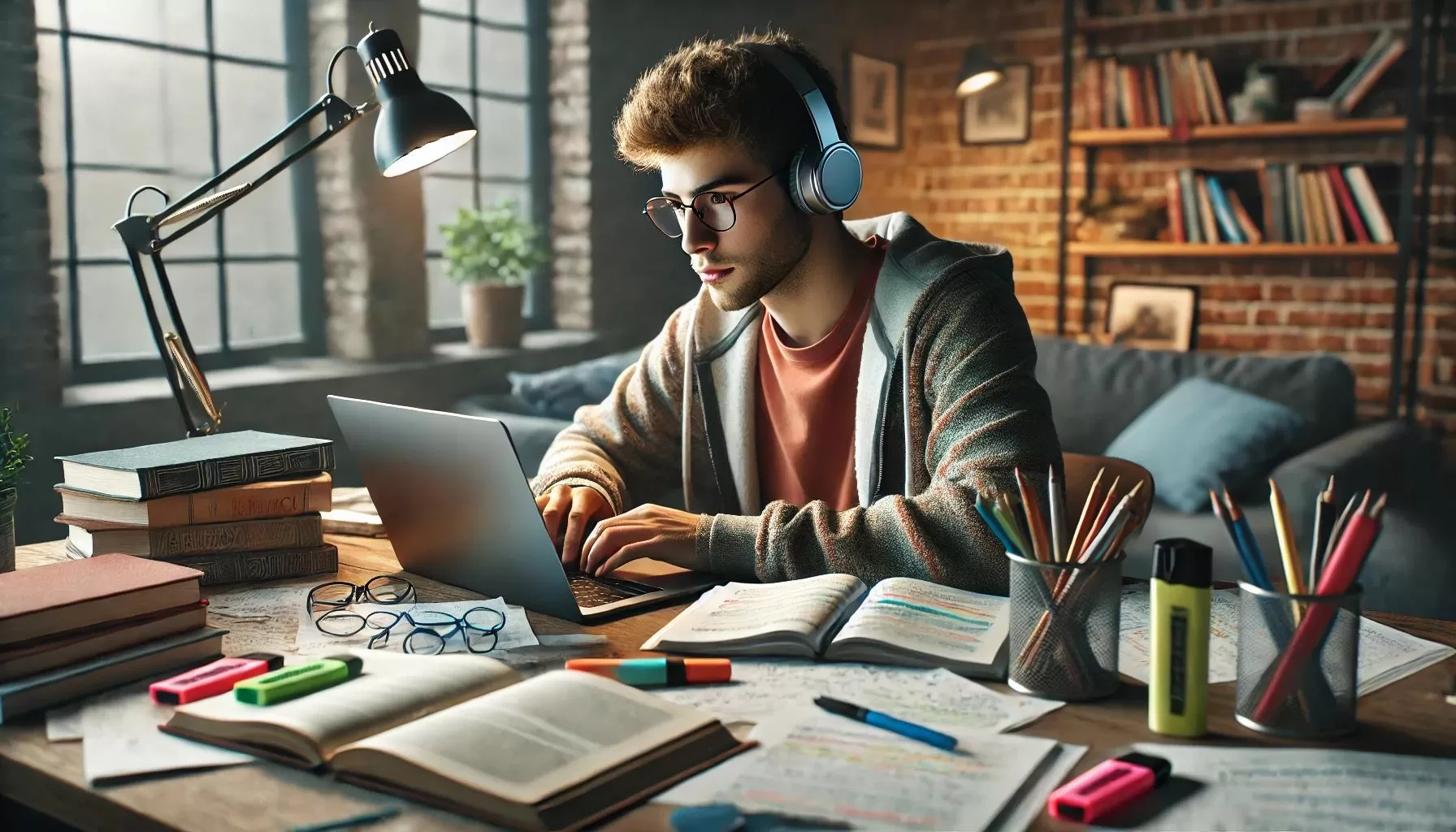 estudiante auriculares preparando examen difícil