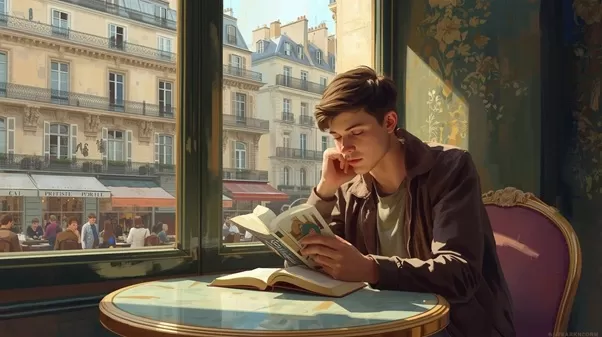 joven estudiante lee libro en cafeteria en ciudad europea