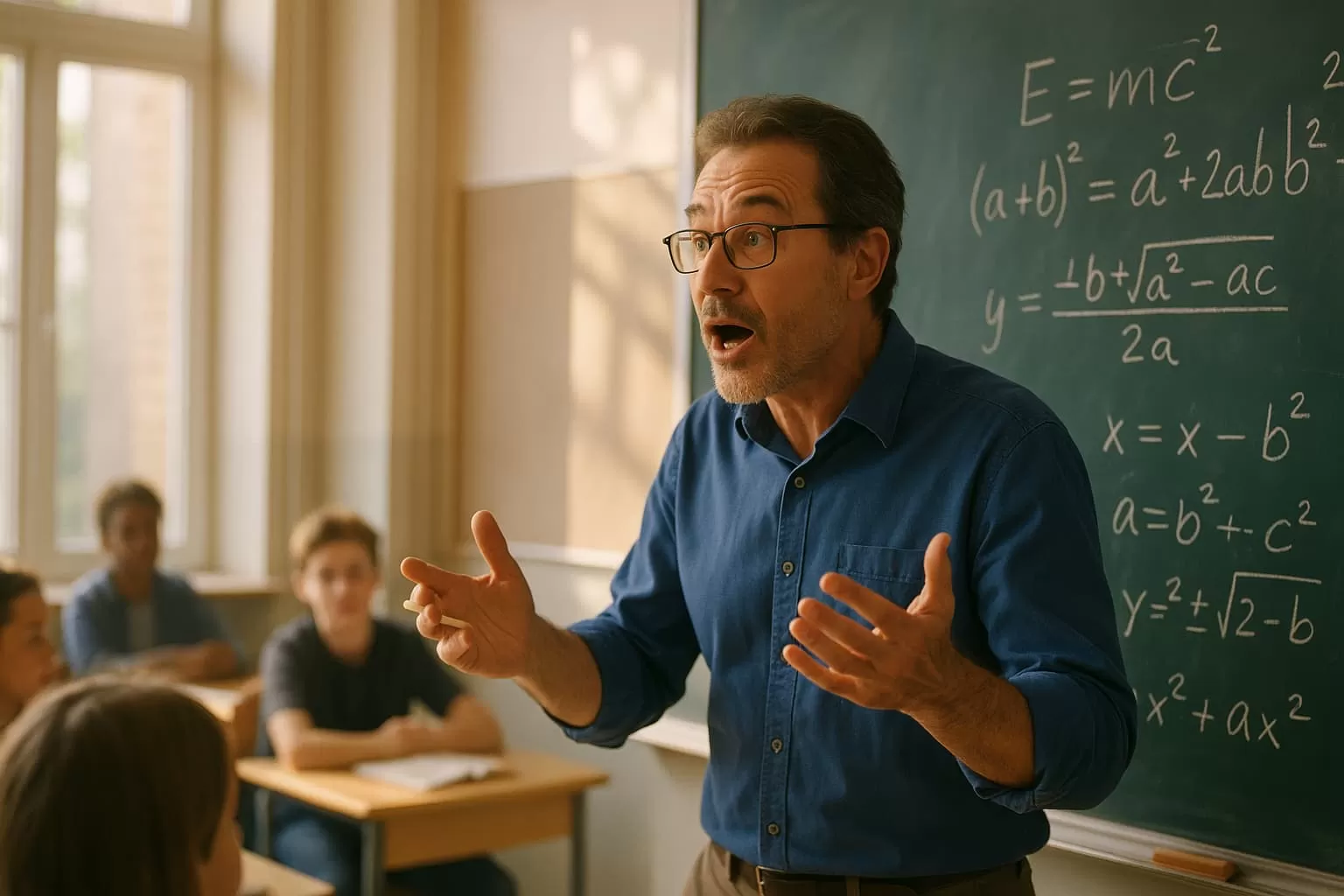 Profesor con gafas y camisa azul da clase frente a los alumnos